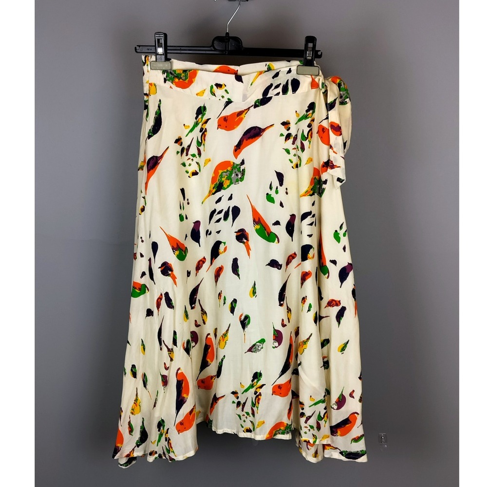 Anthropologie Porridge Bird Print Wrap Midi Skirt Sz Small Cream Multicolor